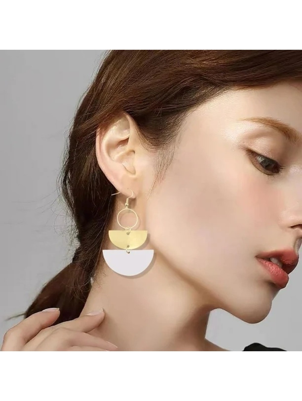 Retro and Modern Geometric White & Gold lightweight hook Drop Earrings –